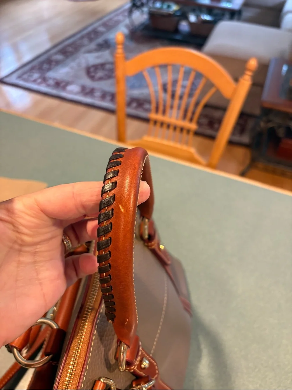 Dooney & Bourke Pebbled Leather Satchel - Taupe and Cognac Trim